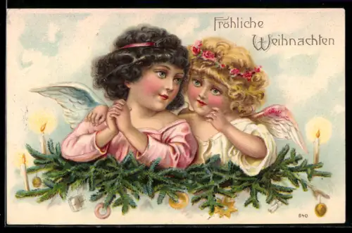 AK Weihnachtsengel umarmen sich
