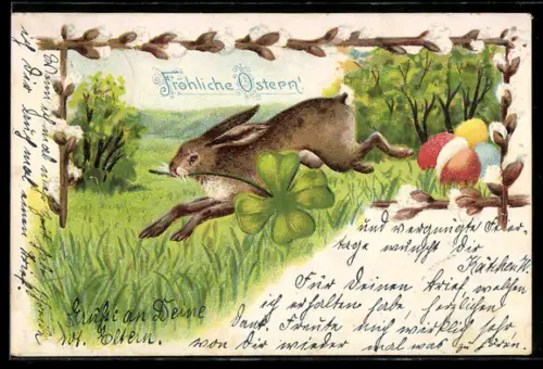 AK Osterhase mit Klee sprintet über eine Wiese