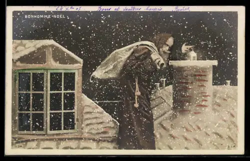 AK Weihnachtsmann, Bonhomme Noel, mit Laterne am Schornstein