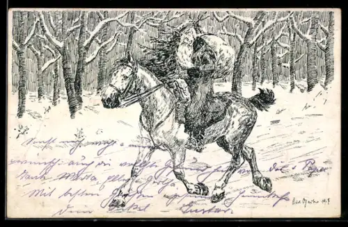 Künstler-AK Weihnachtsmann reitet im Winter duch den Wald