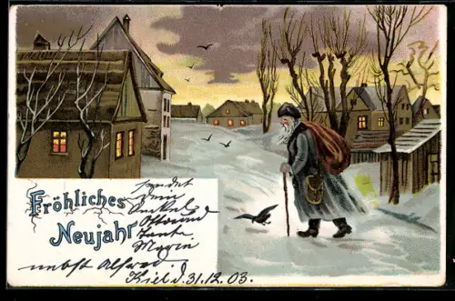 AK Weihnachtsmann unterwegs in verschneitem Dorf, Fröhliches Neujahr