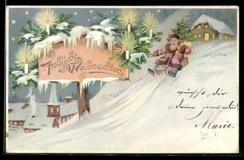 AK Weihnachtsmann fährt auf einem Schlitten einen Hang herab
