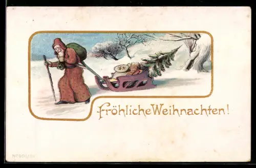 AK Weihnachtsmann zieht einen Schlitten durch den Schnee