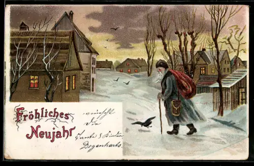 AK Weihnachtsmann zieht durch die Ortschaft