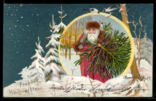 AK Weihnachtsmann mit einem Baum in der Hand