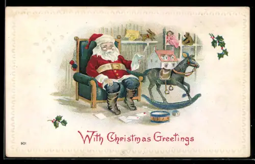 AK Weihnachtsmann sitzt in einem Sessel neben einem Schaukelpferd