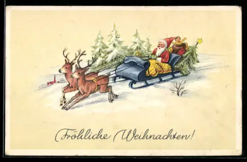 AK Weihnachtsmann fährt auf einem Schlitten über einen verschneiten Weg