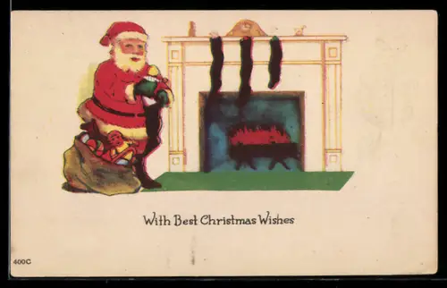 AK Weihnachtsmann befüllt Socken mit Geschenken