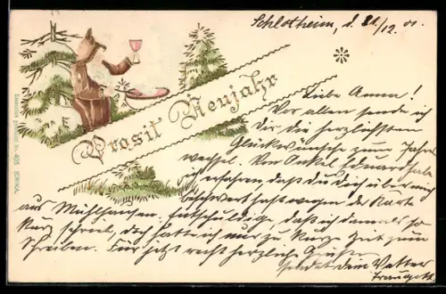 AK Prosit Neujahr, Weihnachtsmann erhebt das Glas