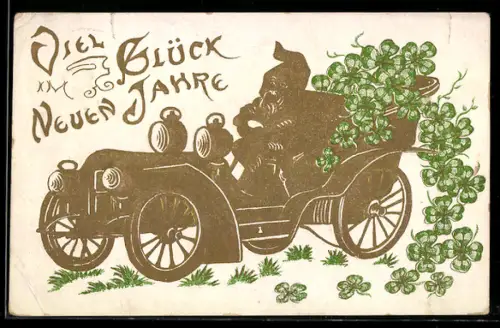AK Zwerg fährt in einem mit Klee beladenen Auto, Neujahrsgruss