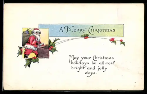AK Weihnachtsmann mit einem Sack voller Geschenke neben einem Schornstein