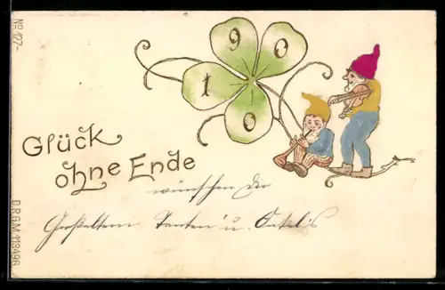 AK Zwerge spielen Violine und Flöte neben einem Kleeblatt