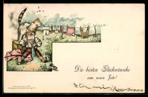 AK Mann sitzt neben einer Kiste und wird von einer Katze geschmust, Neujahrsgruss