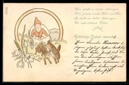 AK Zwerg reitet in einer Kutsche, die von Osterhasen gezogen wird