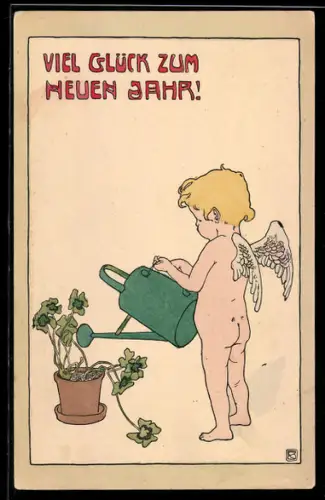 AK Neujahrsengel giesst Klee in einem Topf