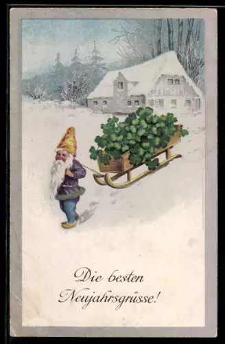 AK Zwerg zieht einen Schlitten voller Klee, Neujahrsgruss