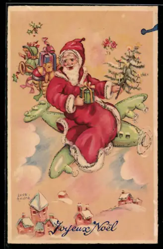 AK Weihnachtsmann fliegt auf einem Flugzeug über einem verschneiten Ort