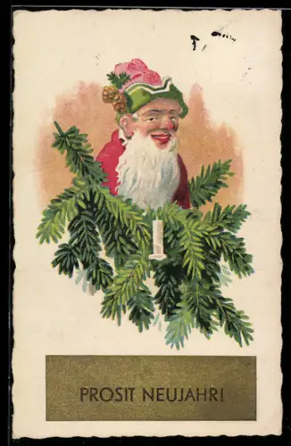 AK Zwerg mit roter Nase in einem Tannenzweig, Neujahrsgruss