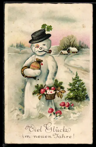 AK Fröhliches Neujahr, Schneemann mit Glücksbringern