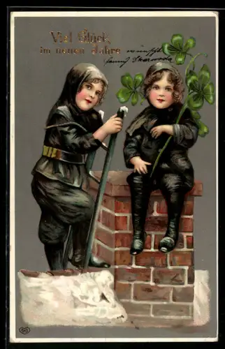 AK Srdecné práni knovému roku, kleine Schornsteinfeger mit Klee