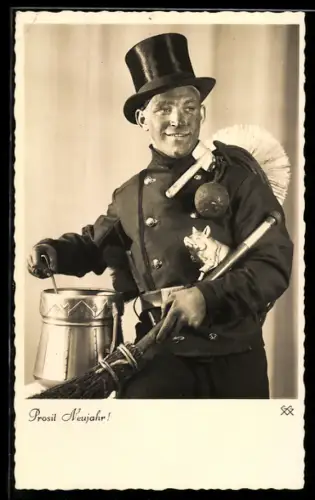 AK Schornsteinfeger neben einem Topf, Neujahrsgruss