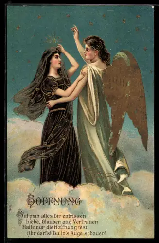Lithographie Hoffnung, Frau in Trauerkleidung tanzt mit ihrem Engel auf den Wolken