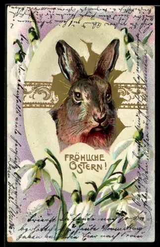 AK Osterhase bricht durch ein Ei, Schneeglöckchen im Passepartout