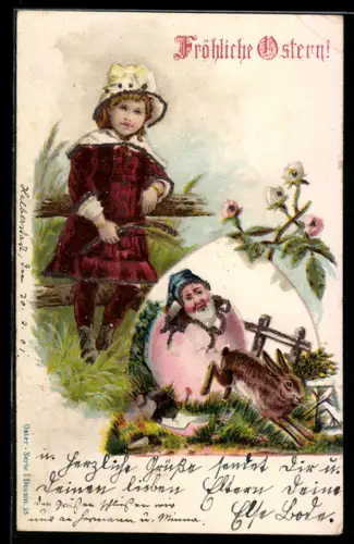 AK Zwerg schlüpft neben einem Osterhasen aus einem Ei