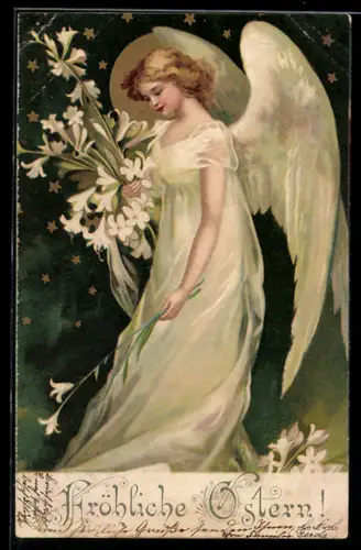 Lithographie Osterengel blickt mit Blumen in den Händen vom Himmel herab, Fröhliche Ostern