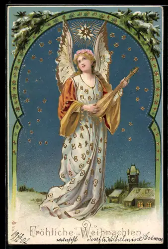 AK Weihnachtsengel musiziert im Licht der Sterne, Fröhliche Weihnachten