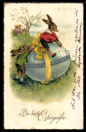 AK Osterhase reitet auf einem Osterei