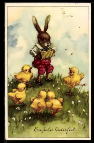Künstler-AK Hannes Petersen: Ostern, Osterhase mit Akkordeon, Kücken