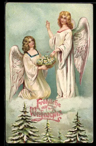 AK Weihnachtsengel über einem verschneiten Wald