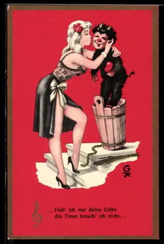 AK Frau küsst den Krampus