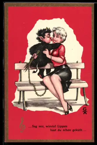 Künstler-AK Sag mir, wieviel Lippen hast du schon geküsst, Frau mit Krampus a. Bank