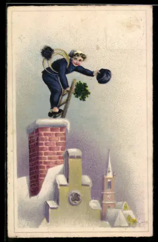 AK Schornsteinfeger mit Klee auf einem verschneiten Dach