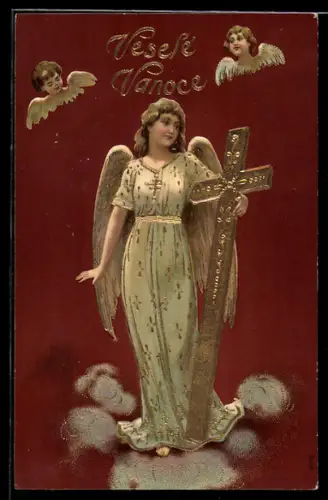 AK Weihnachtsengel mit einem goldenen Kreuz