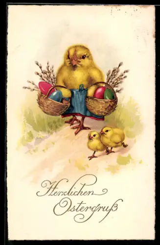 AK Osterküken mit Körben voller Eier