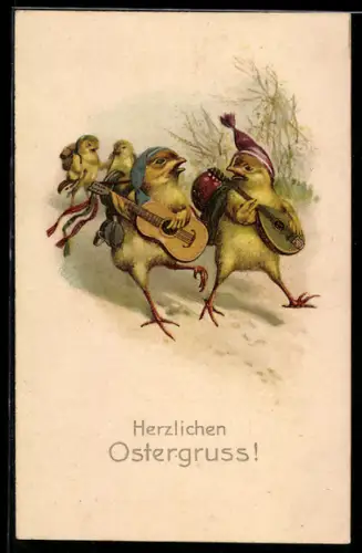 AK Innige Wünsche zum Osterfest, musizierende Osterküken