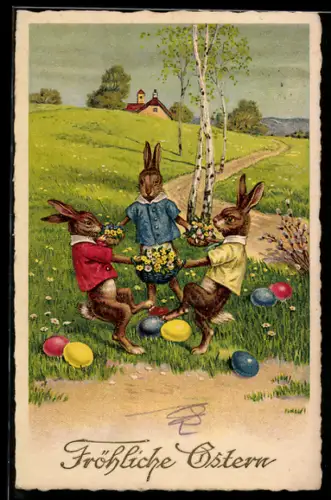 AK Osterhasen halten sich zum Tanz an den Händen
