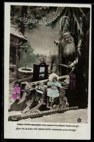 AK Weihnachtsmann schiebt einen Schlitten voller Geschenke durch den Schnee