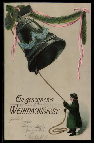 AK Weihnachtsmann läutet an einer grossen Glocke