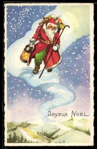 AK Weihnachtsmann mit Laterne und Stock kommt auf die Erde