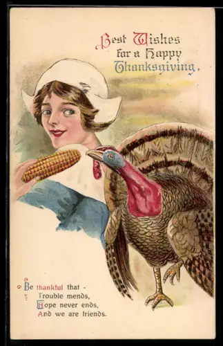 AK Lächelnde Frau mit Maiskolben neben einem Truthahn, Thanksgivinggruss