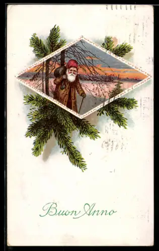 AK Weihnachtsmann mit Geschenksack auf dem Rücken an einem See