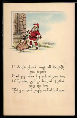 AK Weihnachtsmann mit einem Sack voller Geschenke neben einem Haus