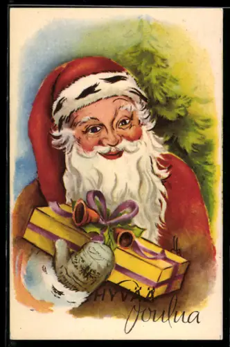 AK Weinachtsmann mit einem Geschenk vor einem Tannenbaum