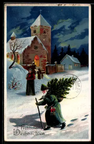 AK Weihnachtsmann läuft an einer Kirche vorbei durch einen verschneiten Ort