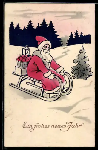 AK Ein frohes neues Jahr, Weihnachtsmann auf Schlitten