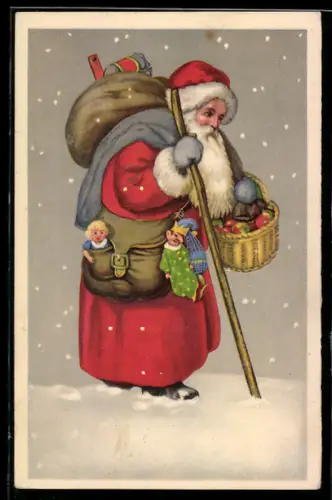 AK Weihnachtsmann mit Sack voller Geschenke läuft durch den Schnee